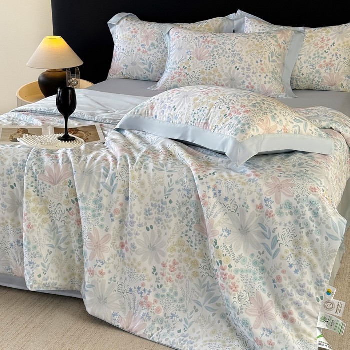 91家纺网 家纺一手货源 找家纺 梵克保罗 2026春夏新款莱赛尔天丝夏被嵌绳款数码印花单夏被夏被四件套夏凉被单枕套 星丛