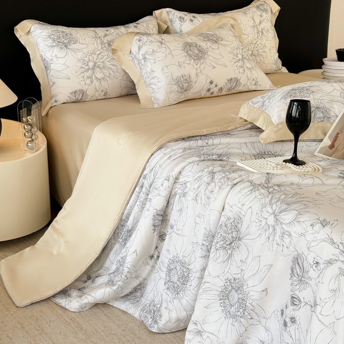 91家纺网 家纺一手货源 找家纺 梵克保罗 2026春夏新款莱赛尔天丝夏被嵌绳款数码印花单夏被夏被四件套夏凉被单枕套 墨染疏芳