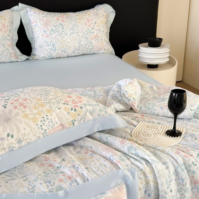 91家纺网 家纺一手货源 找家纺 梵克保罗 2026春夏新款莱赛尔天丝夏被嵌绳款数码印花单夏被夏被四件套夏凉被单枕套 星丛