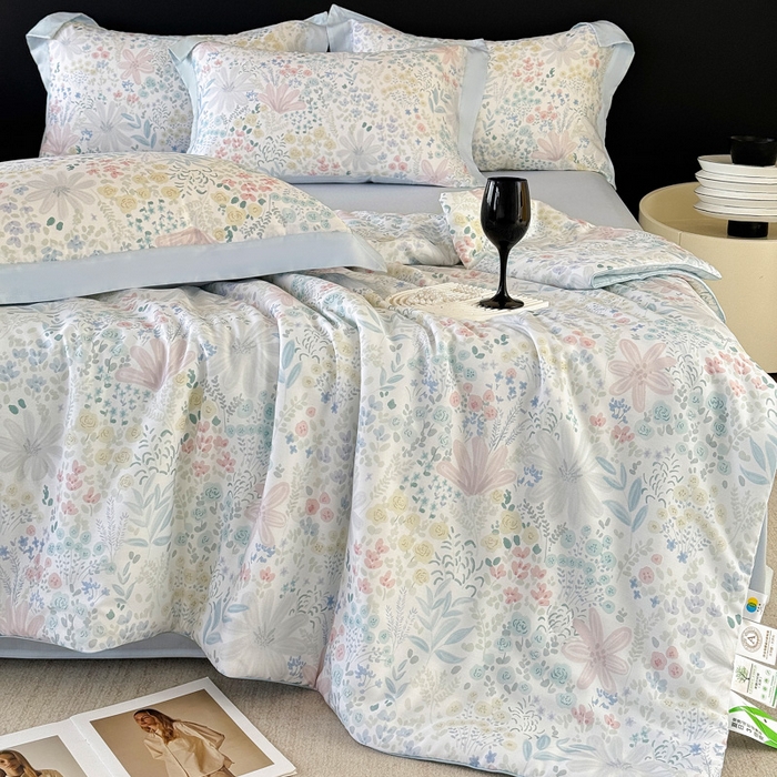 91家纺网 家纺一手货源 找家纺 梵克保罗 2026春夏新款莱赛尔天丝夏被嵌绳款数码印花单夏被夏被四件套夏凉被单枕套 星丛