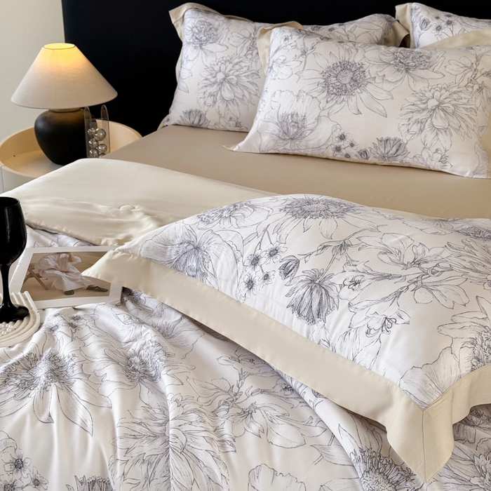 91家纺网 家纺一手货源 找家纺 梵克保罗 2026春夏新款莱赛尔天丝夏被嵌绳款数码印花单夏被夏被四件套夏凉被单枕套 墨染疏芳