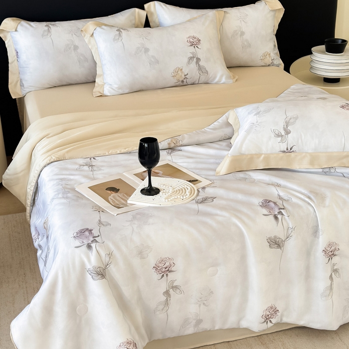 91家纺网 家纺一手货源 找家纺 梵克保罗 2026春夏新款莱赛尔天丝夏被嵌绳款数码印花单夏被夏被四件套夏凉被单枕套 玫瑰絮语