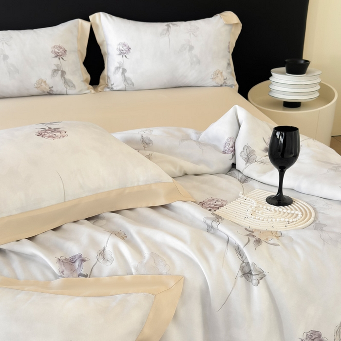 91家纺网 家纺一手货源 找家纺 梵克保罗 2026春夏新款莱赛尔天丝夏被嵌绳款数码印花单夏被夏被四件套夏凉被单枕套 玫瑰絮语