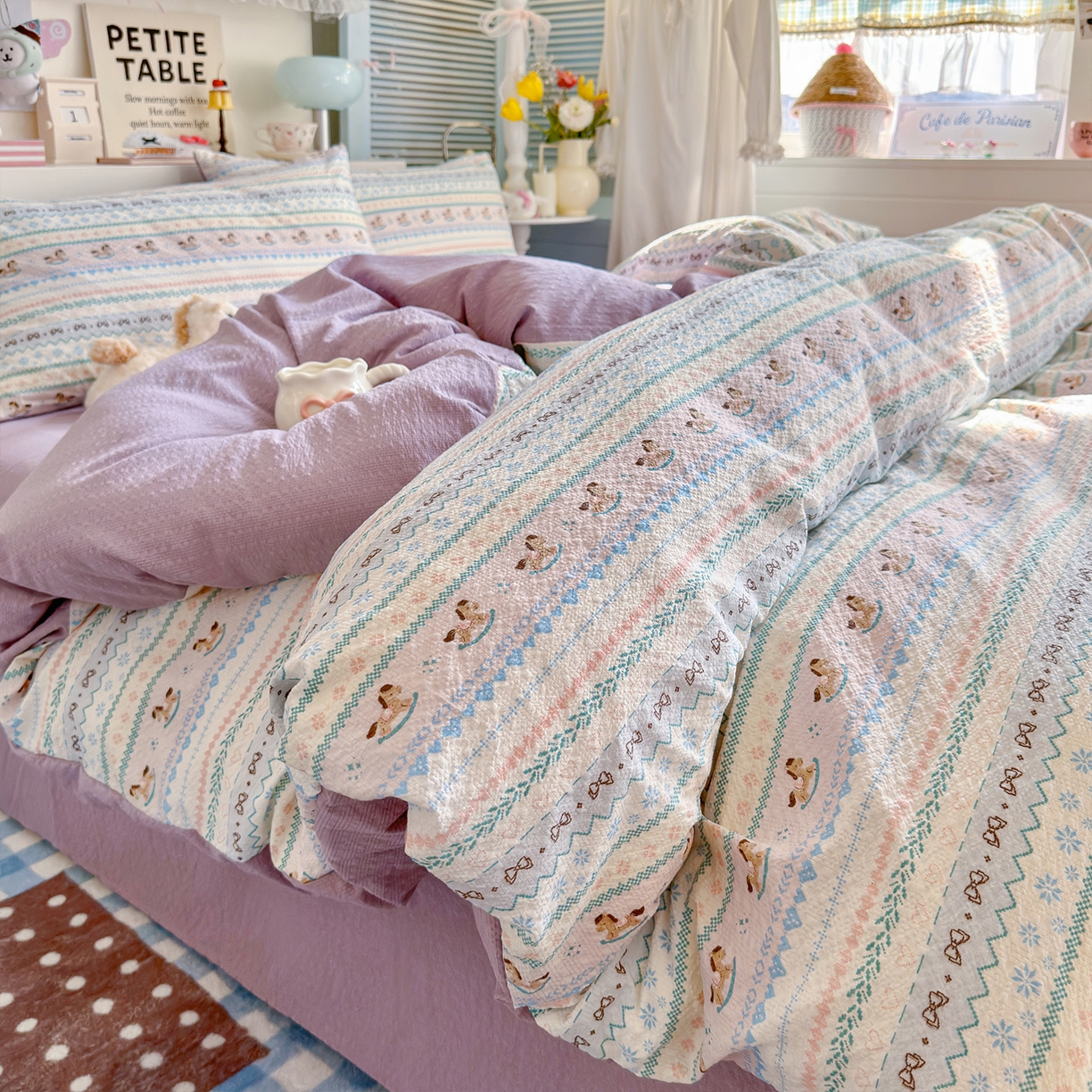 91家纺网 家纺一手货源 找家纺 （总）铺尚美家纺 2026新款小清新110g高品质直播热卖款A类泡芙棉双层纱四件套