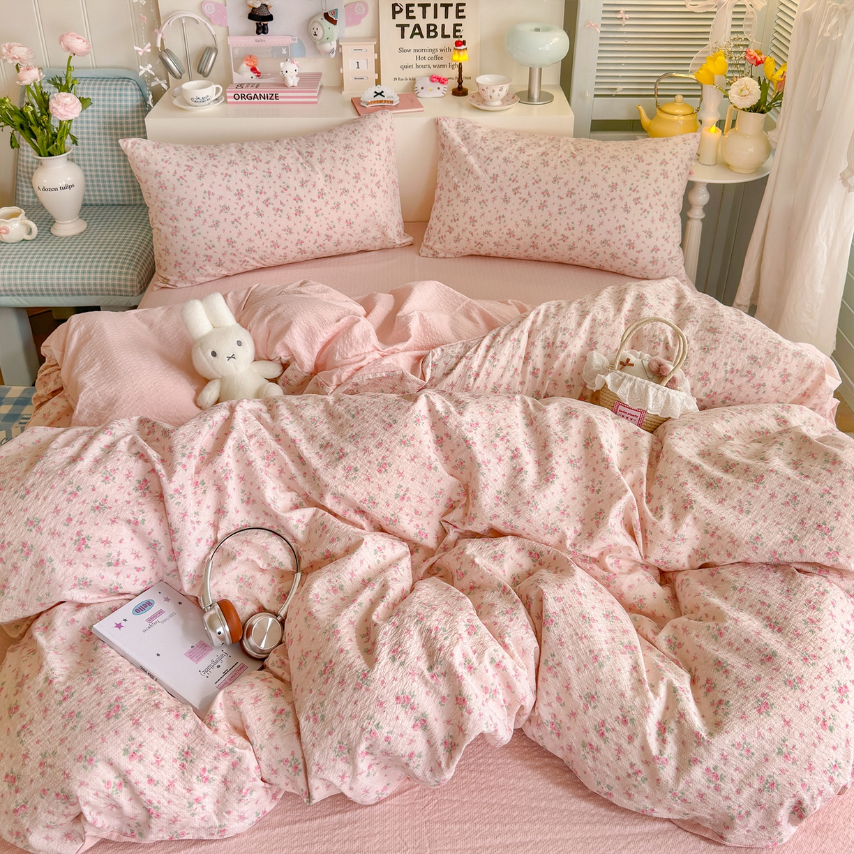 91家纺网 家纺一手货源 找家纺 铺尚美家纺 2026新款小清新110g高品质直播热卖款A类泡芙棉双层纱四件套 蔷薇絮