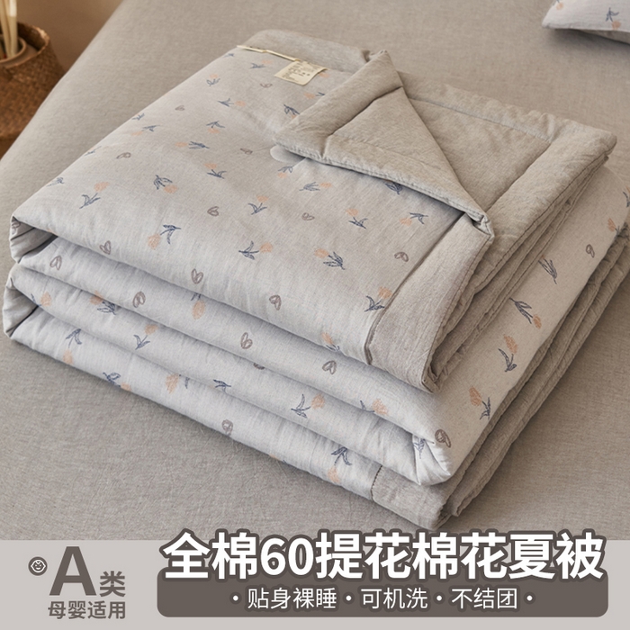 91家纺网 家纺一手货源 找家纺 简如 2026新款全棉60提花里外纯棉棉花夏凉被四件套 芬芳-蓝灰