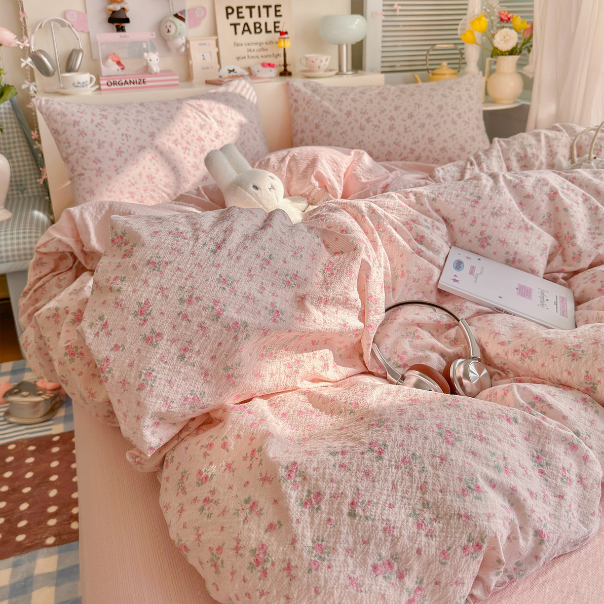 91家纺网 家纺一手货源 找家纺 铺尚美家纺 2026新款小清新110g高品质直播热卖款A类泡芙棉双层纱四件套 蔷薇絮