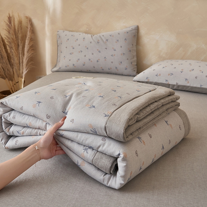 91家纺网 家纺一手货源 找家纺 简如 2026新款全棉60提花里外纯棉棉花夏凉被四件套 芬芳-蓝灰