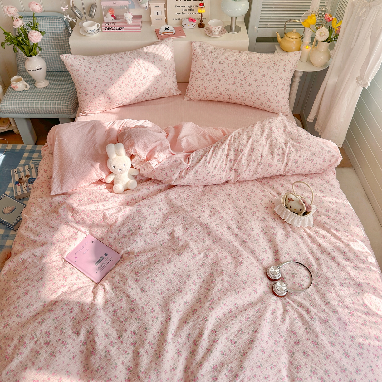 91家纺网 家纺一手货源 找家纺 铺尚美家纺 2026新款小清新110g高品质直播热卖款A类泡芙棉双层纱四件套 蔷薇絮