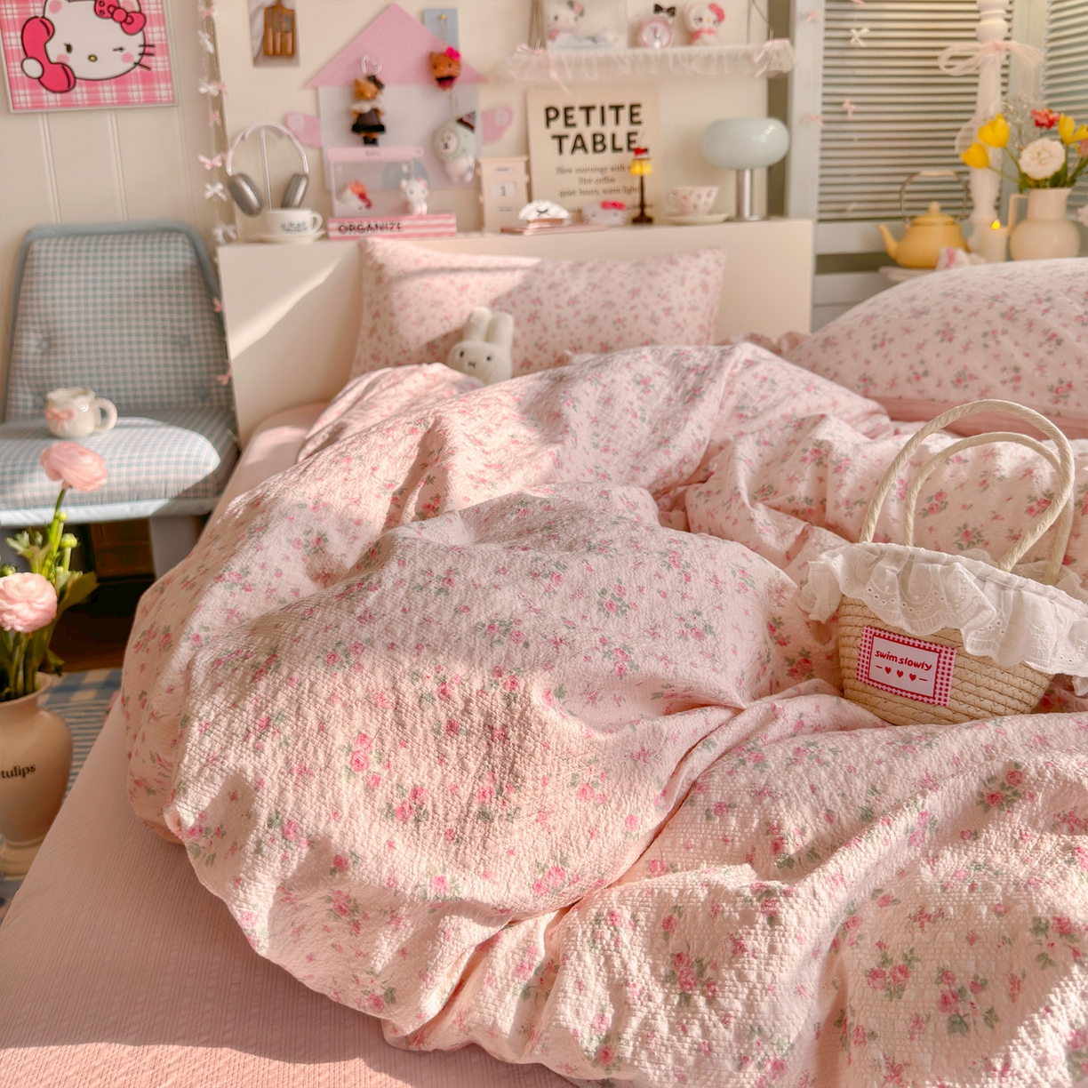 91家纺网 家纺一手货源 找家纺 铺尚美家纺 2026新款小清新110g高品质直播热卖款A类泡芙棉双层纱四件套 蔷薇絮