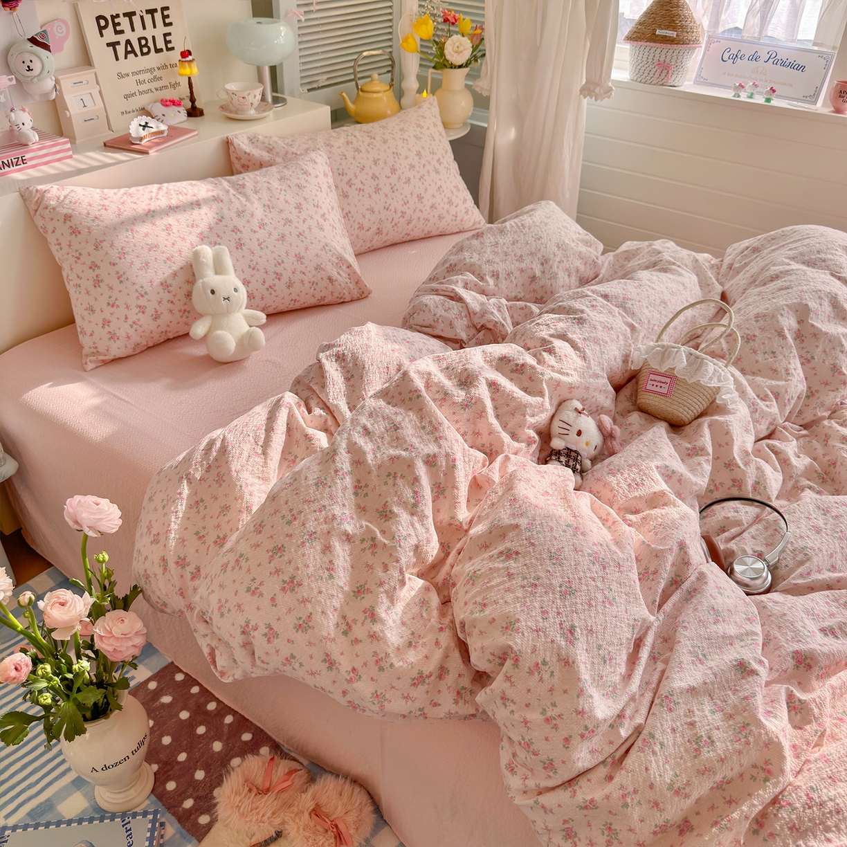 91家纺网 家纺一手货源 找家纺 铺尚美家纺 2026新款小清新110g高品质直播热卖款A类泡芙棉双层纱四件套 蔷薇絮