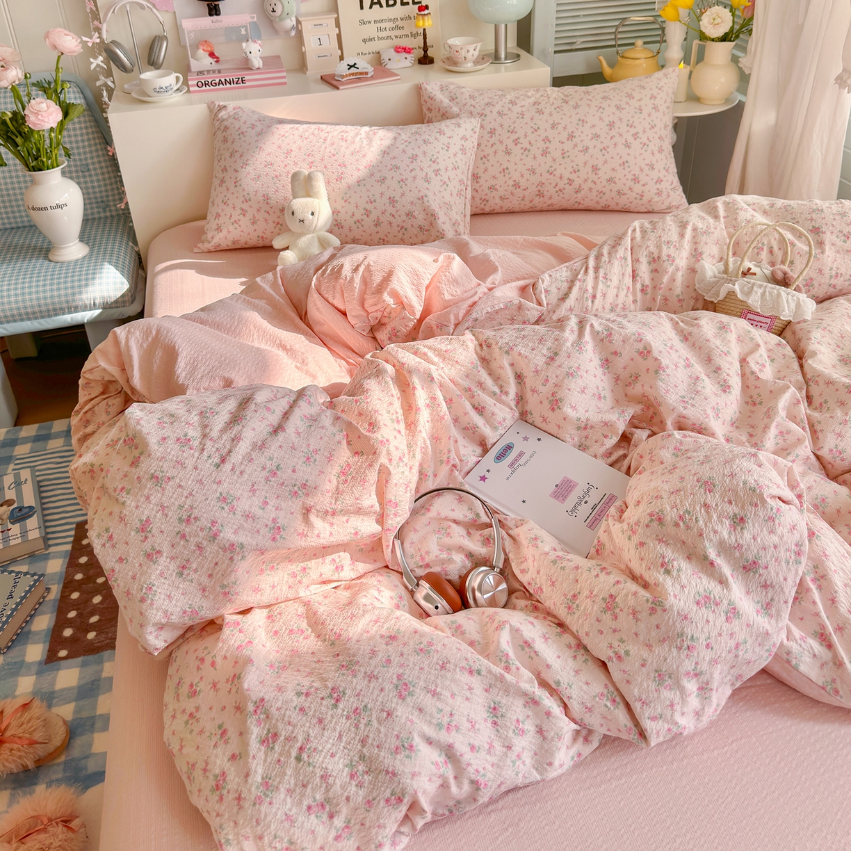 91家纺网 家纺一手货源 找家纺 铺尚美家纺 2026新款小清新110g高品质直播热卖款A类泡芙棉双层纱四件套 蔷薇絮