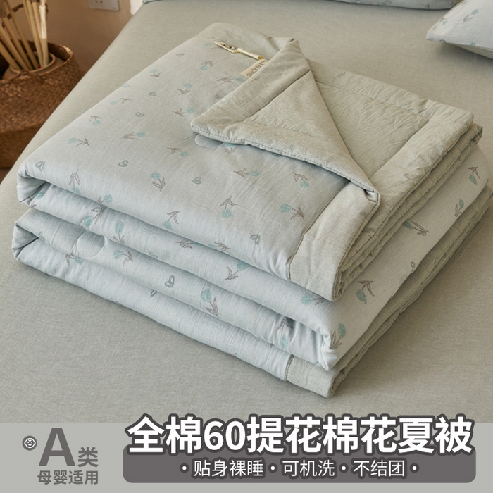 91家纺网 家纺一手货源 找家纺 简如 2026新款全棉60提花里外纯棉棉花夏凉被四件套 芬芳-绿灰