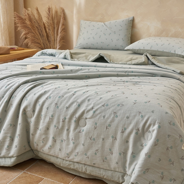 91家纺网 家纺一手货源 找家纺 简如 2026新款全棉60提花里外纯棉棉花夏凉被四件套 芬芳-绿灰