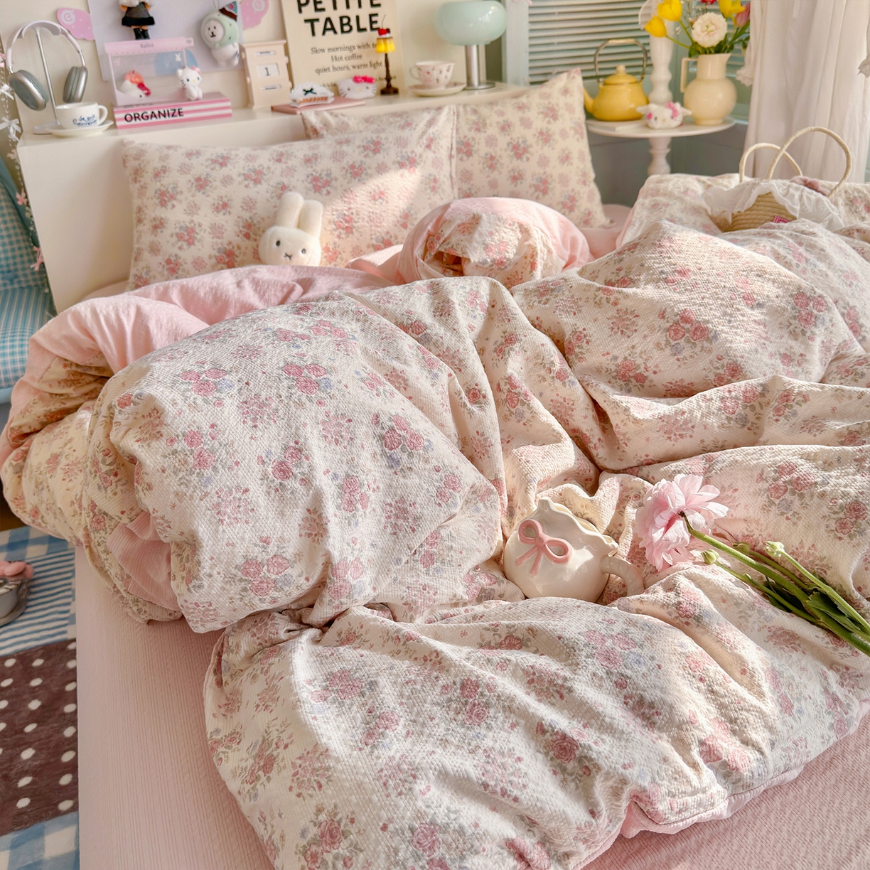 91家纺网 家纺一手货源 找家纺 铺尚美家纺 2026新款小清新110g高品质直播热卖款A类泡芙棉双层纱四件套 春日限定