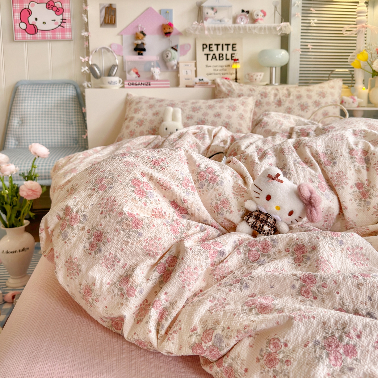 91家纺网 家纺一手货源 找家纺 铺尚美家纺 2026新款小清新110g高品质直播热卖款A类泡芙棉双层纱四件套 春日限定