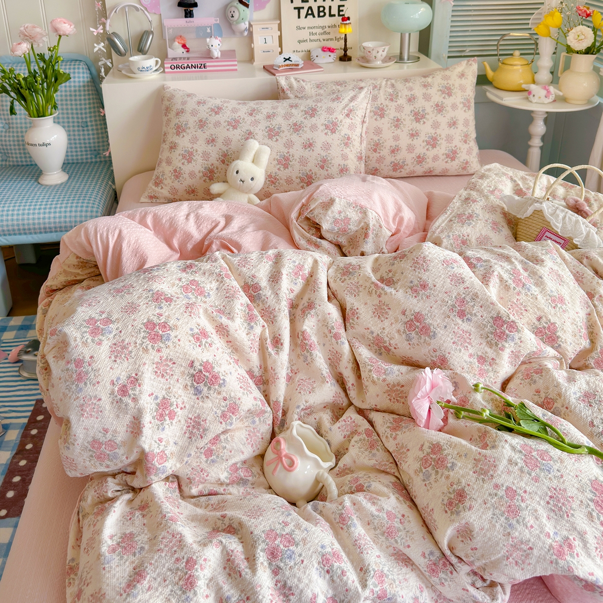 91家纺网 家纺一手货源 找家纺 铺尚美家纺 2026新款小清新110g高品质直播热卖款A类泡芙棉双层纱四件套 春日限定