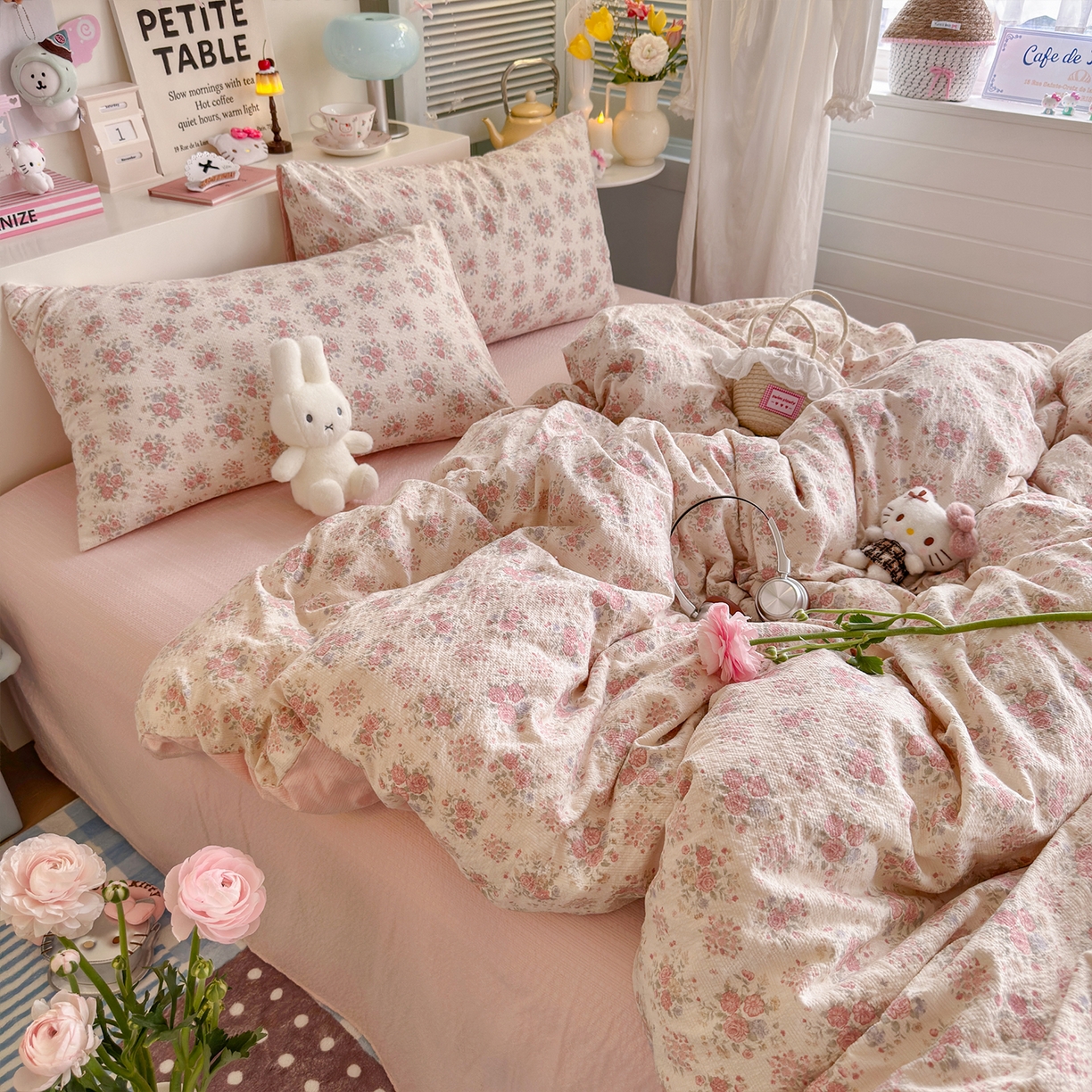 91家纺网 家纺一手货源 找家纺 铺尚美家纺 2026新款小清新110g高品质直播热卖款A类泡芙棉双层纱四件套 春日限定