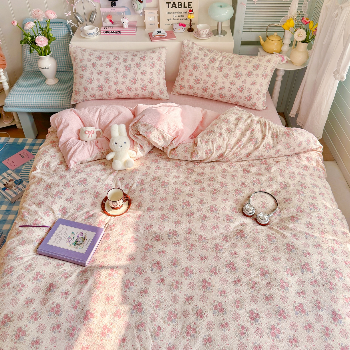 91家纺网 家纺一手货源 找家纺 铺尚美家纺 2026新款小清新110g高品质直播热卖款A类泡芙棉双层纱四件套 春日限定