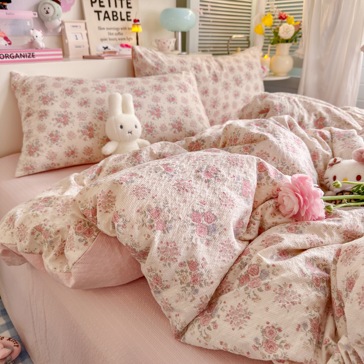 91家纺网 家纺一手货源 找家纺 铺尚美家纺 2026新款小清新110g高品质直播热卖款A类泡芙棉双层纱四件套 春日限定