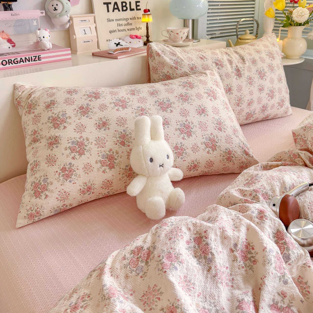 91家纺网 家纺一手货源 找家纺 铺尚美家纺 2026新款小清新110g高品质直播热卖款A类泡芙棉双层纱四件套 春日限定