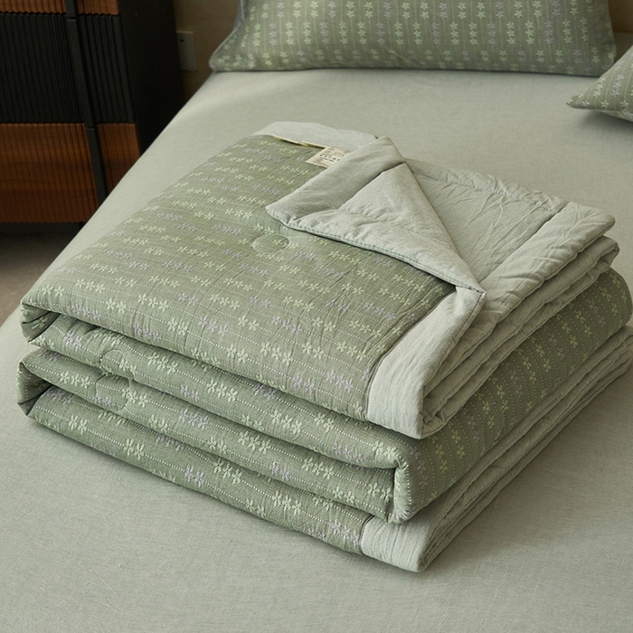 91家纺网 家纺一手货源 找家纺 简如 2026新款全棉60提花里外纯棉棉花夏凉被四件套 慧荣-香草绿