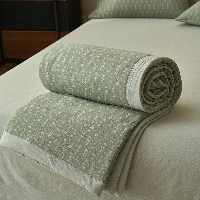 91家纺网 家纺一手货源 找家纺 简如 2026新款全棉60提花里外纯棉棉花夏凉被四件套 慧荣-香草绿