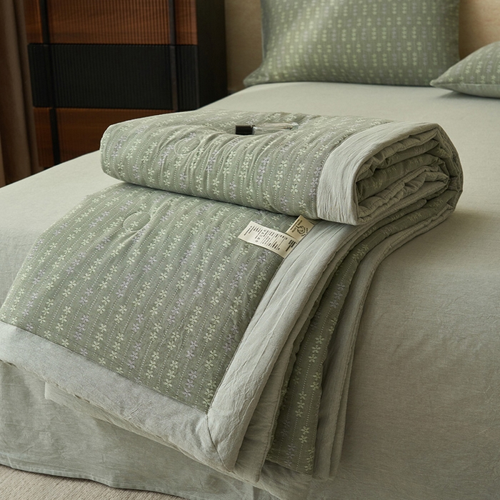 91家纺网 家纺一手货源 找家纺 简如 2026新款全棉60提花里外纯棉棉花夏凉被四件套 慧荣-香草绿