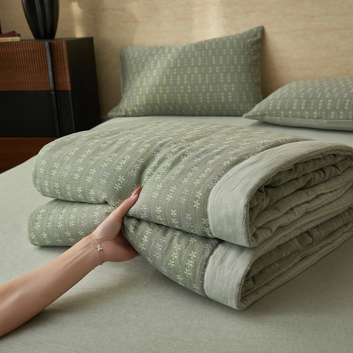 91家纺网 家纺一手货源 找家纺 简如 2026新款全棉60提花里外纯棉棉花夏凉被四件套 慧荣-香草绿