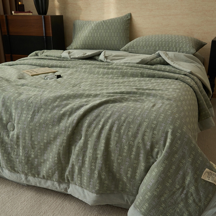 91家纺网 家纺一手货源 找家纺 简如 2026新款全棉60提花里外纯棉棉花夏凉被四件套 慧荣-香草绿