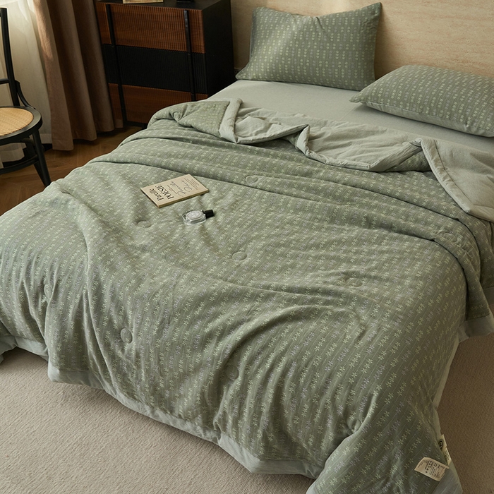 91家纺网 家纺一手货源 找家纺 简如 2026新款全棉60提花里外纯棉棉花夏凉被四件套 慧荣-香草绿