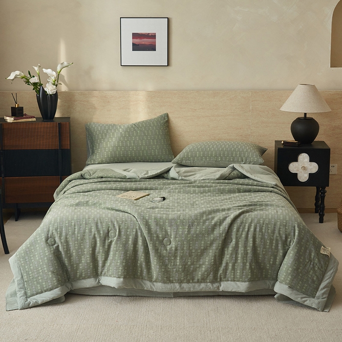 91家纺网 家纺一手货源 找家纺 简如 2026新款全棉60提花里外纯棉棉花夏凉被四件套 慧荣-香草绿