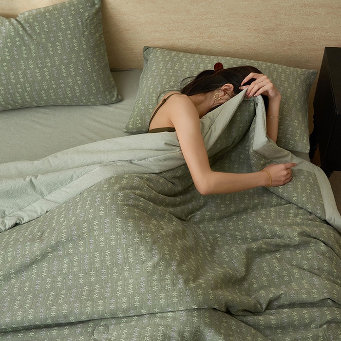 91家纺网 家纺一手货源 找家纺 简如 2026新款全棉60提花里外纯棉棉花夏凉被四件套 慧荣-香草绿