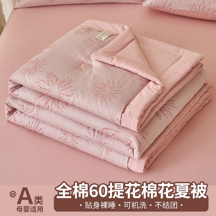 91家纺网 家纺一手货源 找家纺 简如 2026新款全棉60提花里外纯棉棉花夏凉被四件套 烟花-粉