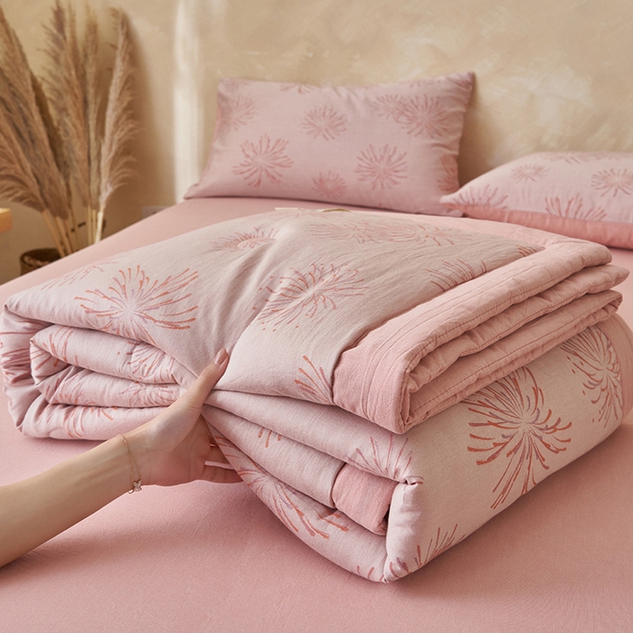 91家纺网 家纺一手货源 找家纺 简如 2026新款全棉60提花里外纯棉棉花夏凉被四件套 烟花-粉