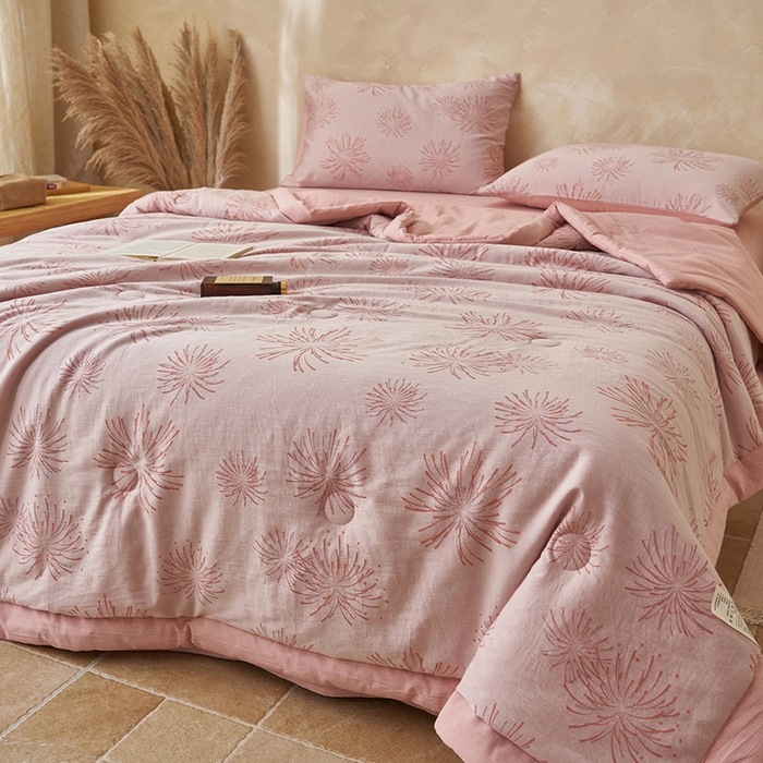 91家纺网 家纺一手货源 找家纺 简如 2026新款全棉60提花里外纯棉棉花夏凉被四件套 烟花-粉