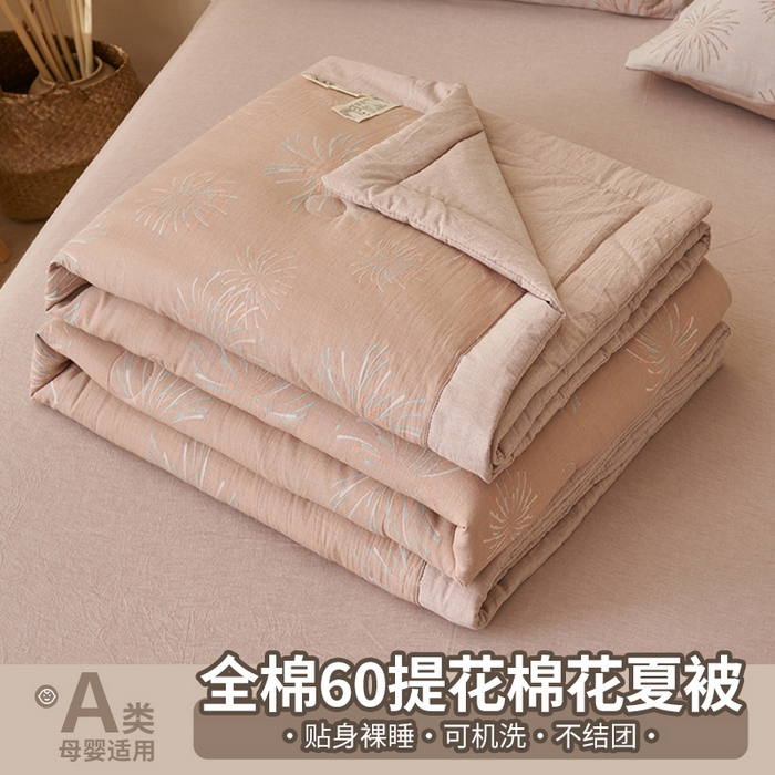 91家纺网 家纺一手货源 找家纺 简如 2026新款全棉60提花里外纯棉棉花夏凉被四件套 烟花-驼