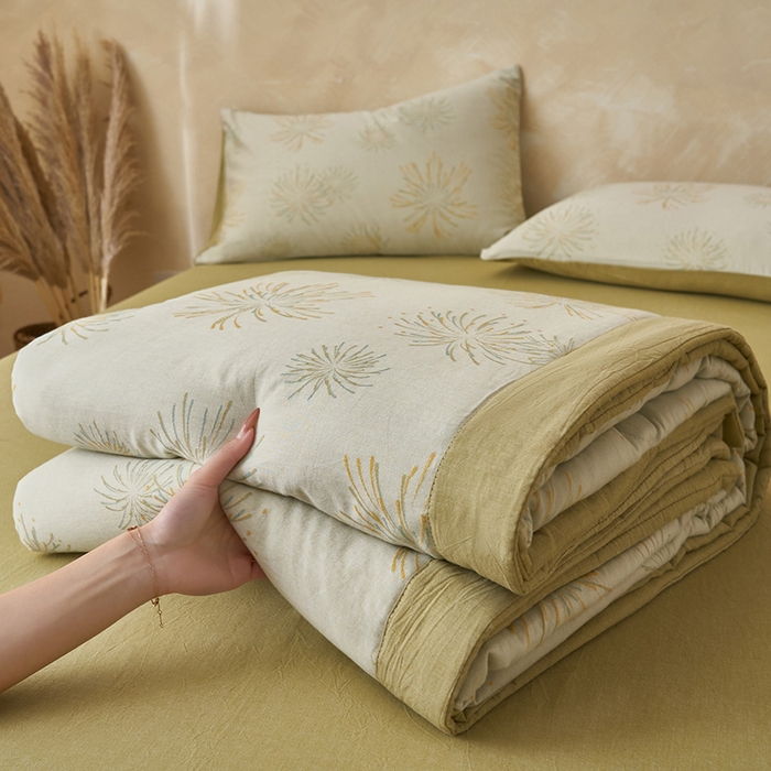 91家纺网 家纺一手货源 找家纺 简如 2026新款全棉60提花里外纯棉棉花夏凉被四件套 烟花草绿