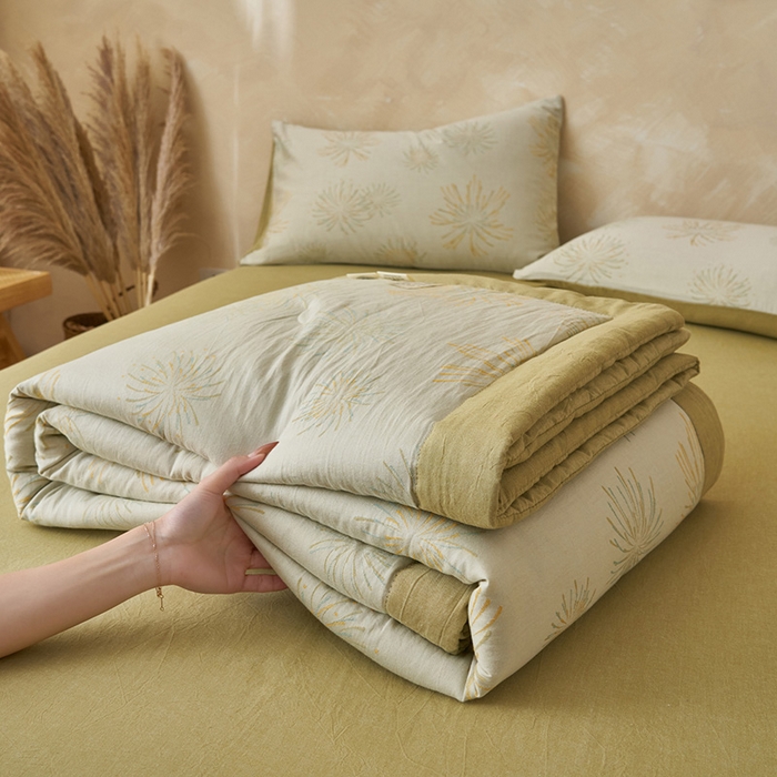 91家纺网 家纺一手货源 找家纺 简如 2026新款全棉60提花里外纯棉棉花夏凉被四件套 烟花草绿