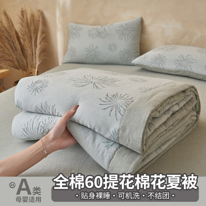 简如 2026新款全棉60提花里外纯棉棉花夏凉被四件套 烟花灰绿