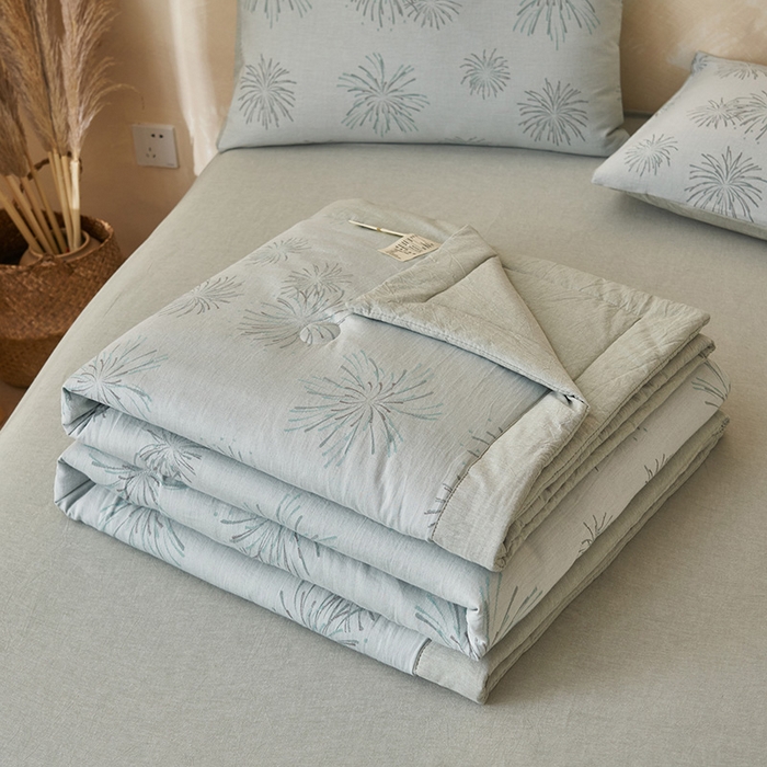 91家纺网 家纺一手货源 找家纺 简如 2026新款全棉60提花里外纯棉棉花夏凉被四件套 烟花灰绿