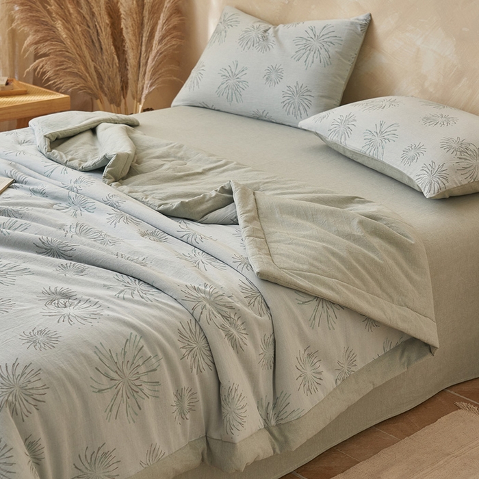 91家纺网 家纺一手货源 找家纺 简如 2026新款全棉60提花里外纯棉棉花夏凉被四件套 烟花灰绿