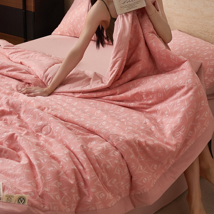 91家纺网 家纺一手货源 找家纺 简如 2026新款全棉60提花里外纯棉棉花夏凉被四件套 月光集-粉