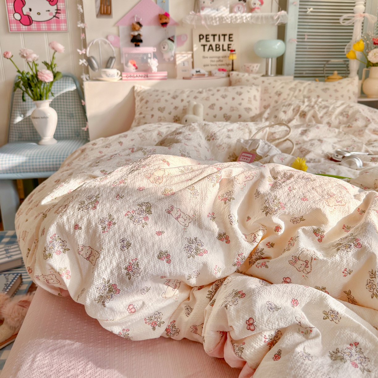 91家纺网 家纺一手货源 找家纺 铺尚美家纺 2026新款小清新110g高品质直播热卖款A类泡芙棉双层纱四件套 花与兔