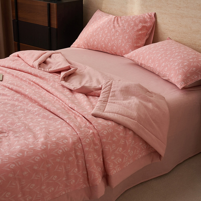 91家纺网 家纺一手货源 找家纺 简如 2026新款全棉60提花里外纯棉棉花夏凉被四件套 月光集-粉