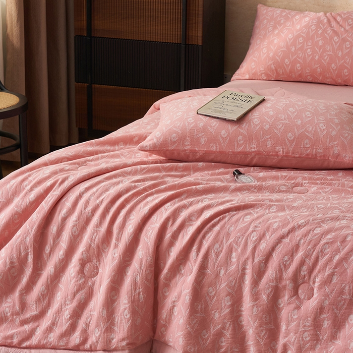 91家纺网 家纺一手货源 找家纺 简如 2026新款全棉60提花里外纯棉棉花夏凉被四件套 月光集-粉