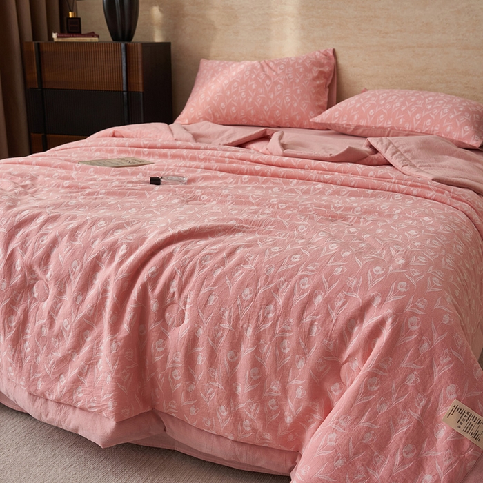 91家纺网 家纺一手货源 找家纺 简如 2026新款全棉60提花里外纯棉棉花夏凉被四件套 月光集-粉