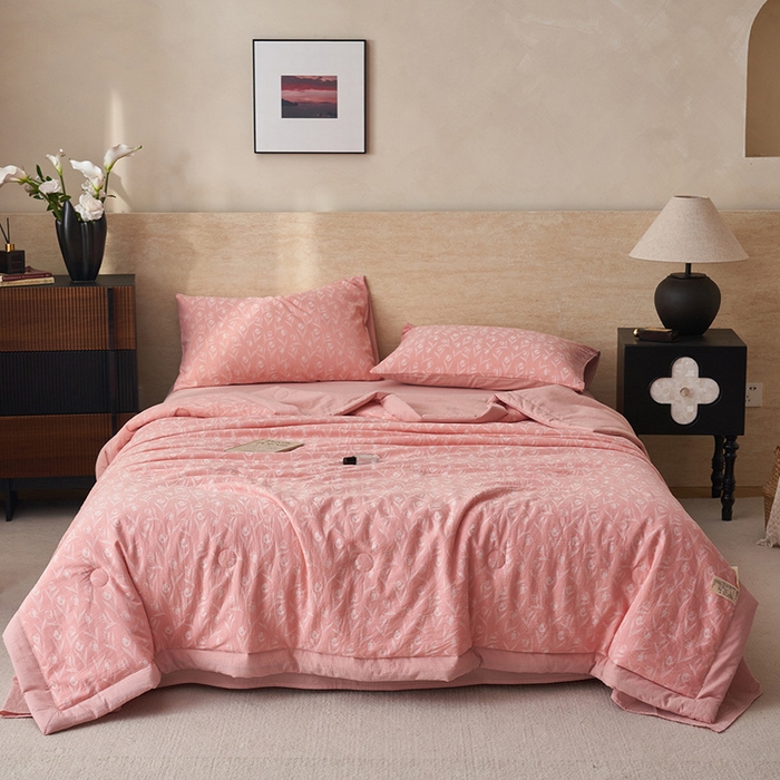 91家纺网 家纺一手货源 找家纺 简如 2026新款全棉60提花里外纯棉棉花夏凉被四件套 月光集-粉