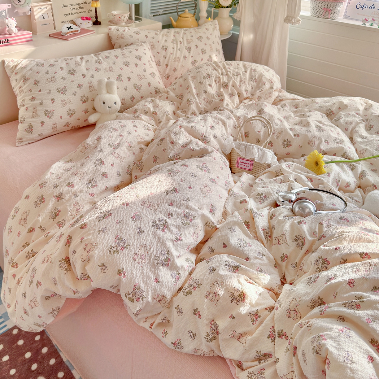 91家纺网 家纺一手货源 找家纺 铺尚美家纺 2026新款小清新110g高品质直播热卖款A类泡芙棉双层纱四件套 花与兔