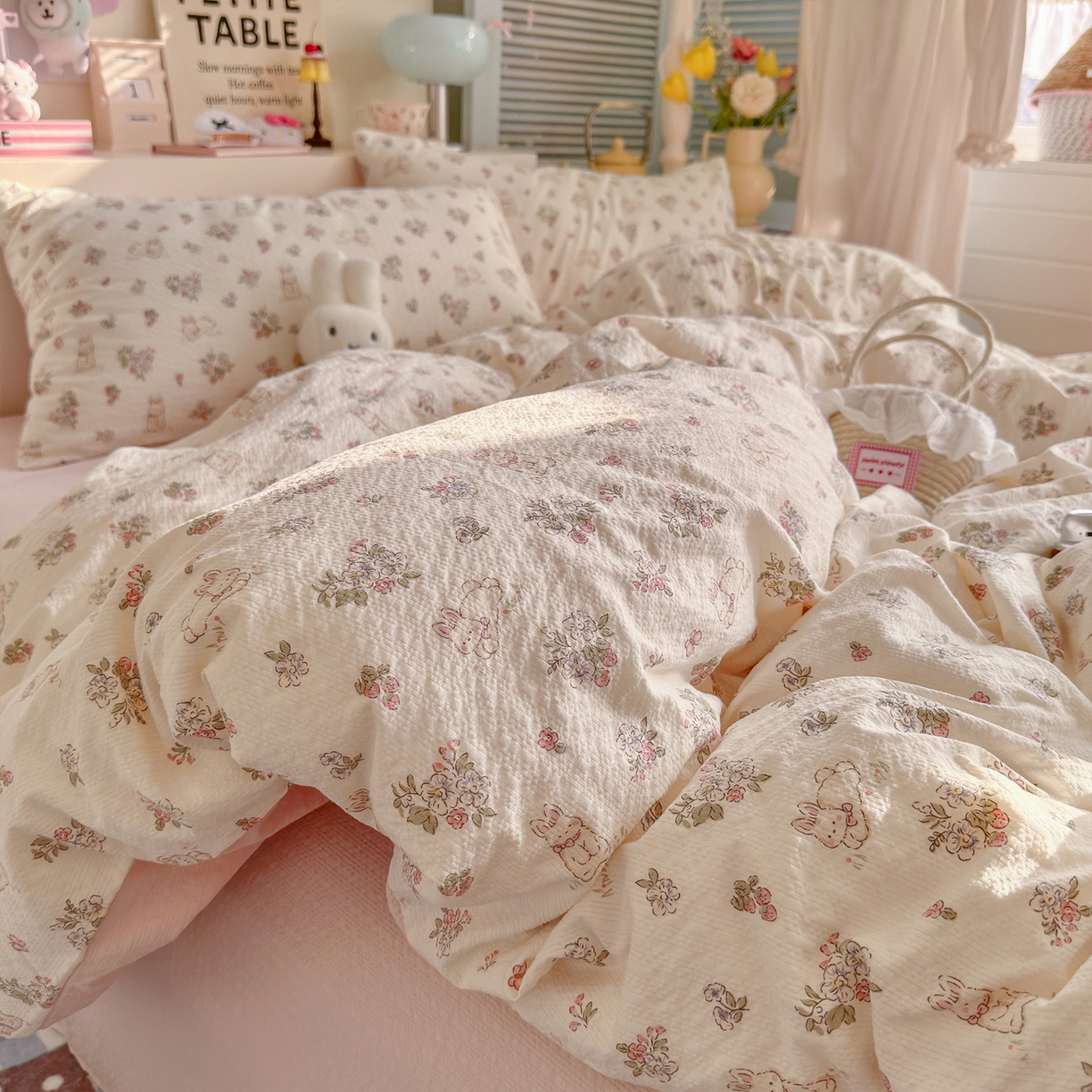 91家纺网 家纺一手货源 找家纺 铺尚美家纺 2026新款小清新110g高品质直播热卖款A类泡芙棉双层纱四件套 花与兔